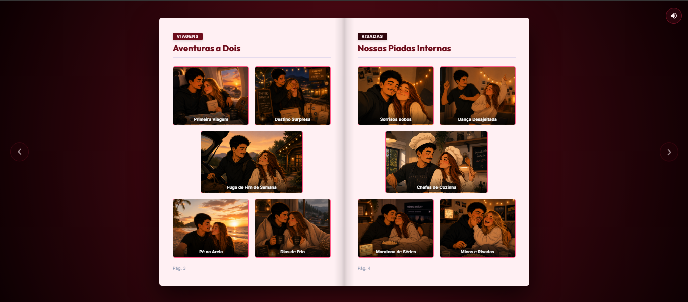 Páginas internas do álbum com aventuras, viagens e momentos do casal