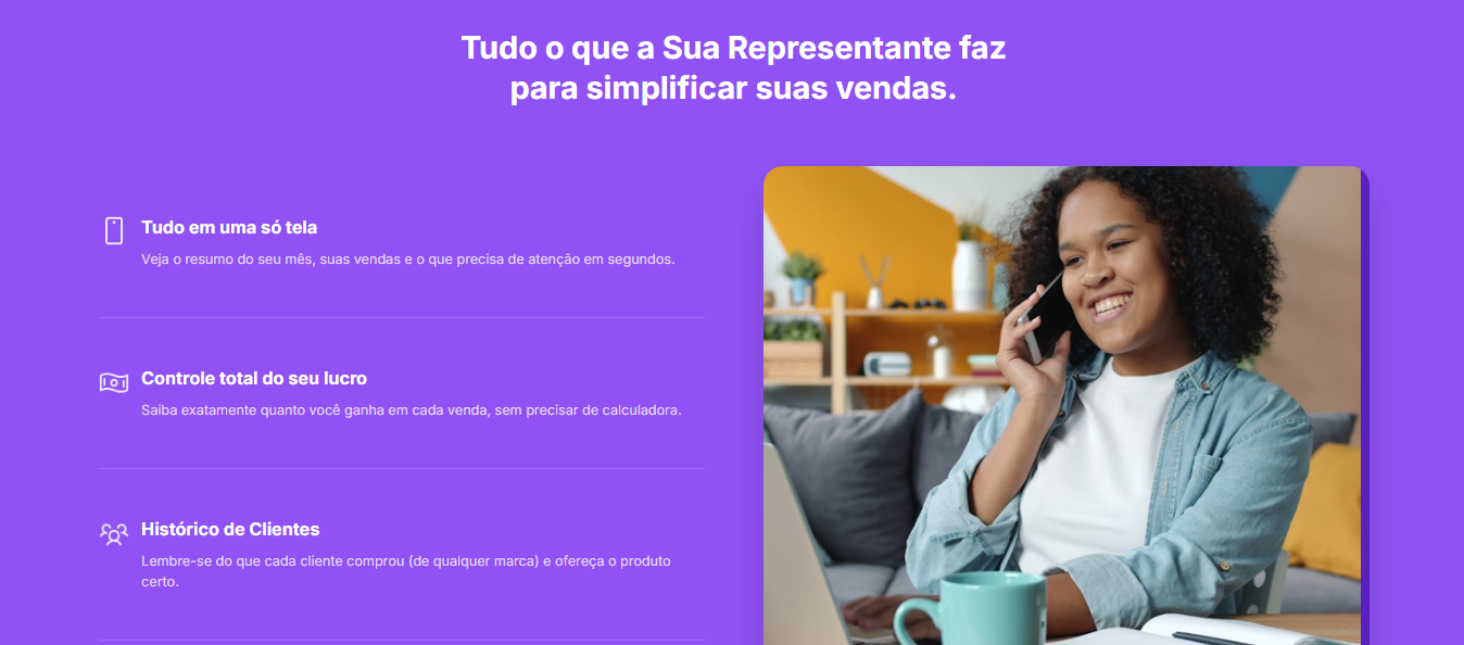 Seção de benefícios da plataforma Sua Representante
